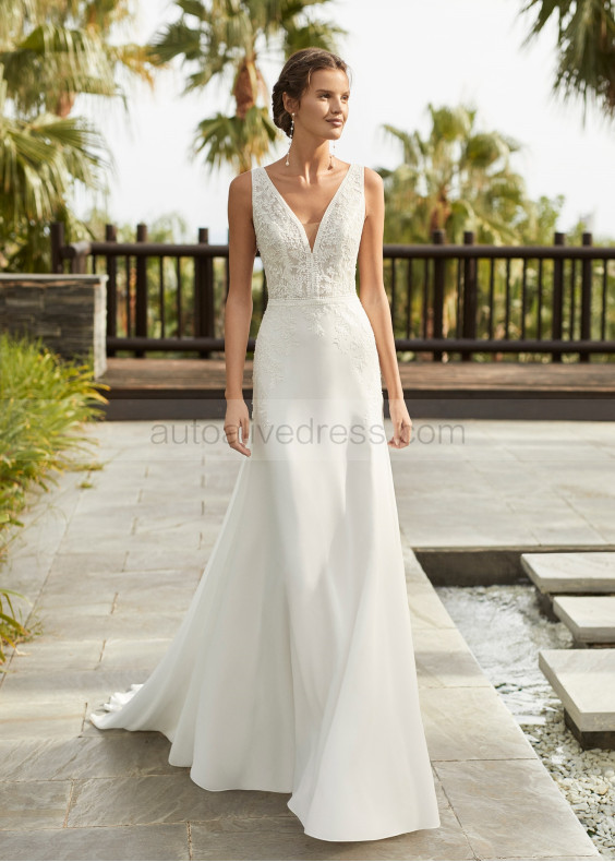 Ivory Lace Chiffon Illusion Back Chic Wedding Dress